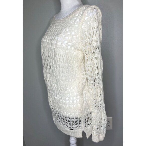 Hollister Women Wool Cream Long Sleeve Crochet Knit Sweater Medium - Picture 2 of 11